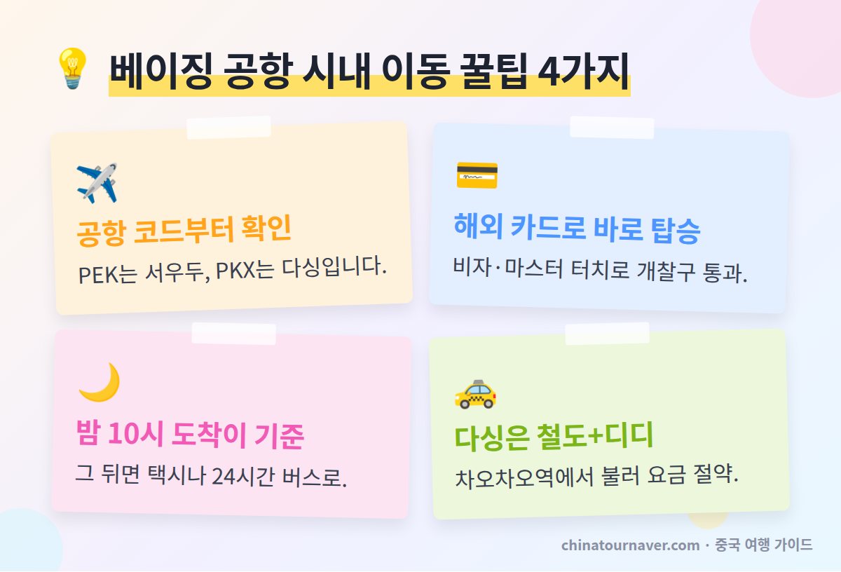 베이징 공항 시내 이동 꿀팁 서우두 다싱 공항 코드 확인 공항철도 카드 결제 막차 차오차오역 디디