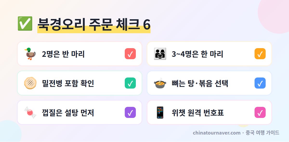 북경오리 주문하는 법 체크리스트 인원별 수량 밀전병 포함 여부 오리 뼈 탕 설탕 껍질 원격 번호표 모바일 결제