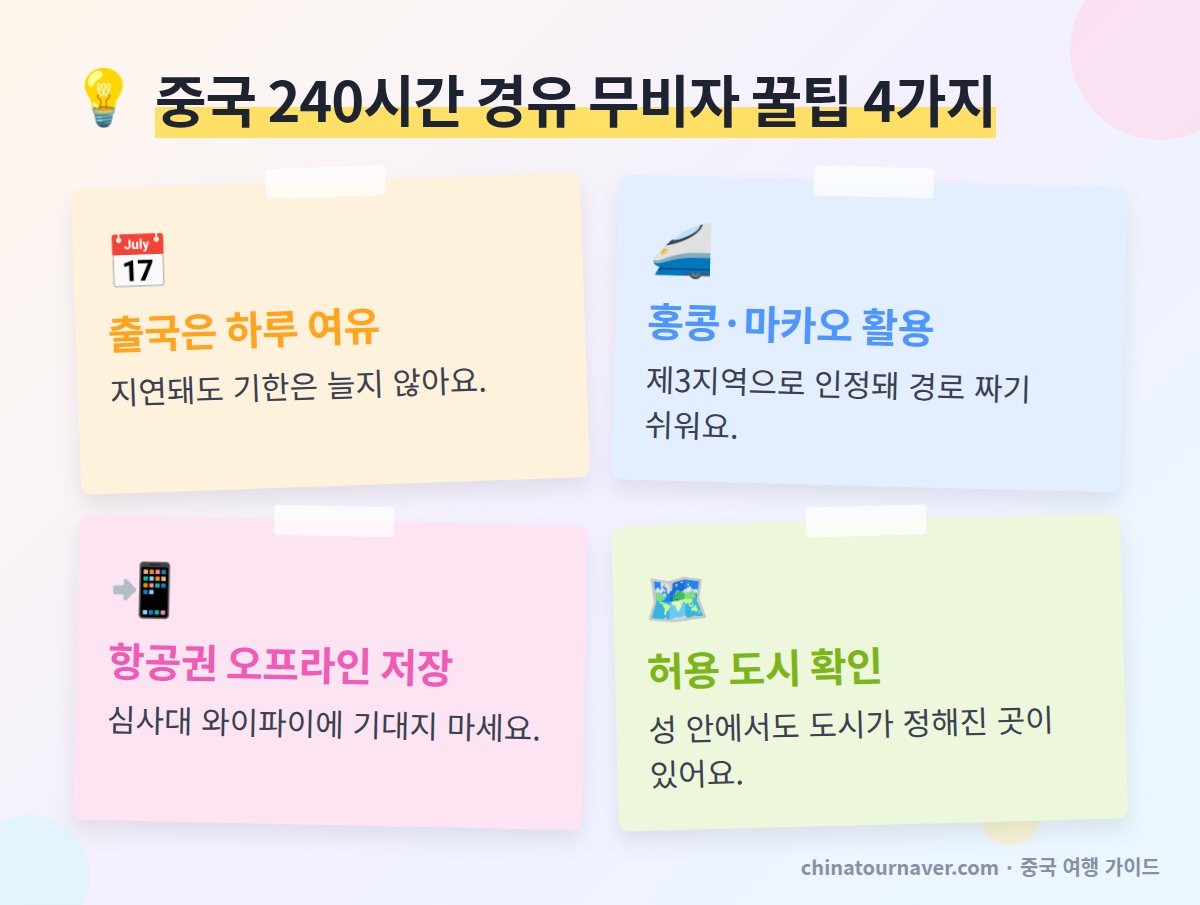 중국 240시간 경유 무비자 꿀팁 출국편 하루 여유 홍콩 경유 경로 항공권 오프라인 저장 허용 지역 확인