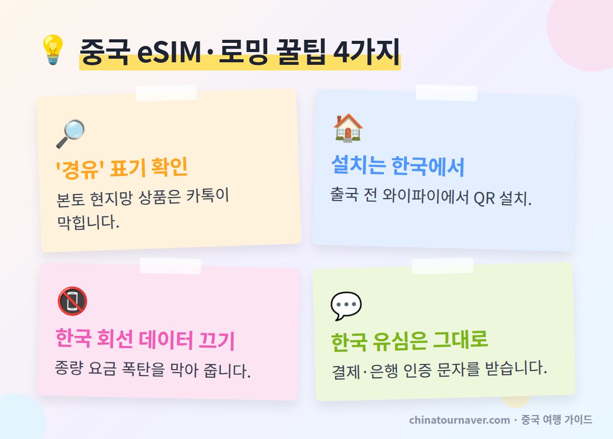 중국 eSIM 로밍 꿀팁 홍콩 경유 상품 출국 전 설치 한국 유심 유지 데이터 로밍 끄기