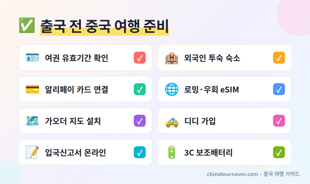 중국 자유여행 처음 출국 전 준비 체크리스트 알리페이 카드 연결 eSIM 가오더 지도 디디 입국신고서 3C 보조배터리