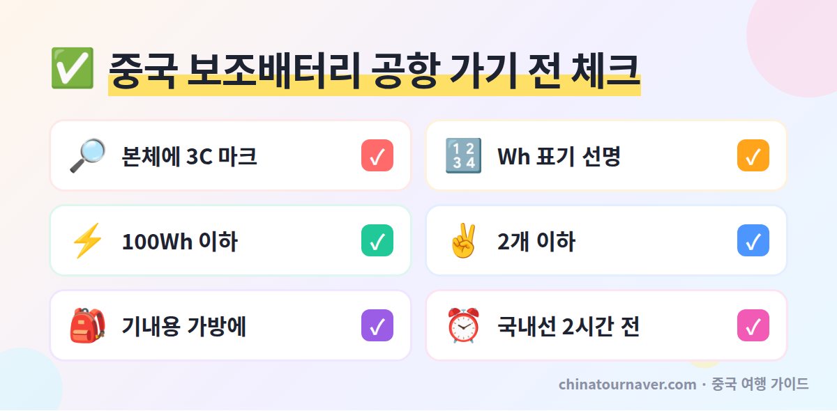 중국 보조배터리 규정 공항 가기 전 체크리스트 3C 마크 100Wh 이하 1인 2개 기내용 가방 위탁 금지