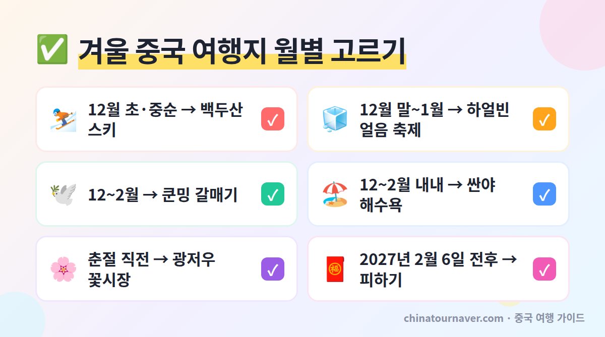 겨울 중국 여행지 12월 1월 2월 월별 추천 하얼빈 백두산 쿤밍 싼야