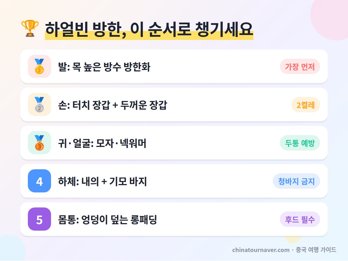 하얼빈 옷차림 몸 부위별 방한 순서 방한화 장갑 귀 덮는 모자 내의 롱패딩