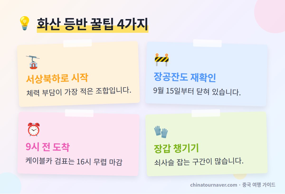 화산 등반 꿀팁 서상북하 코스 장공잔도 폐쇄 확인 오전 9시 전 도착 여권 원본 장갑