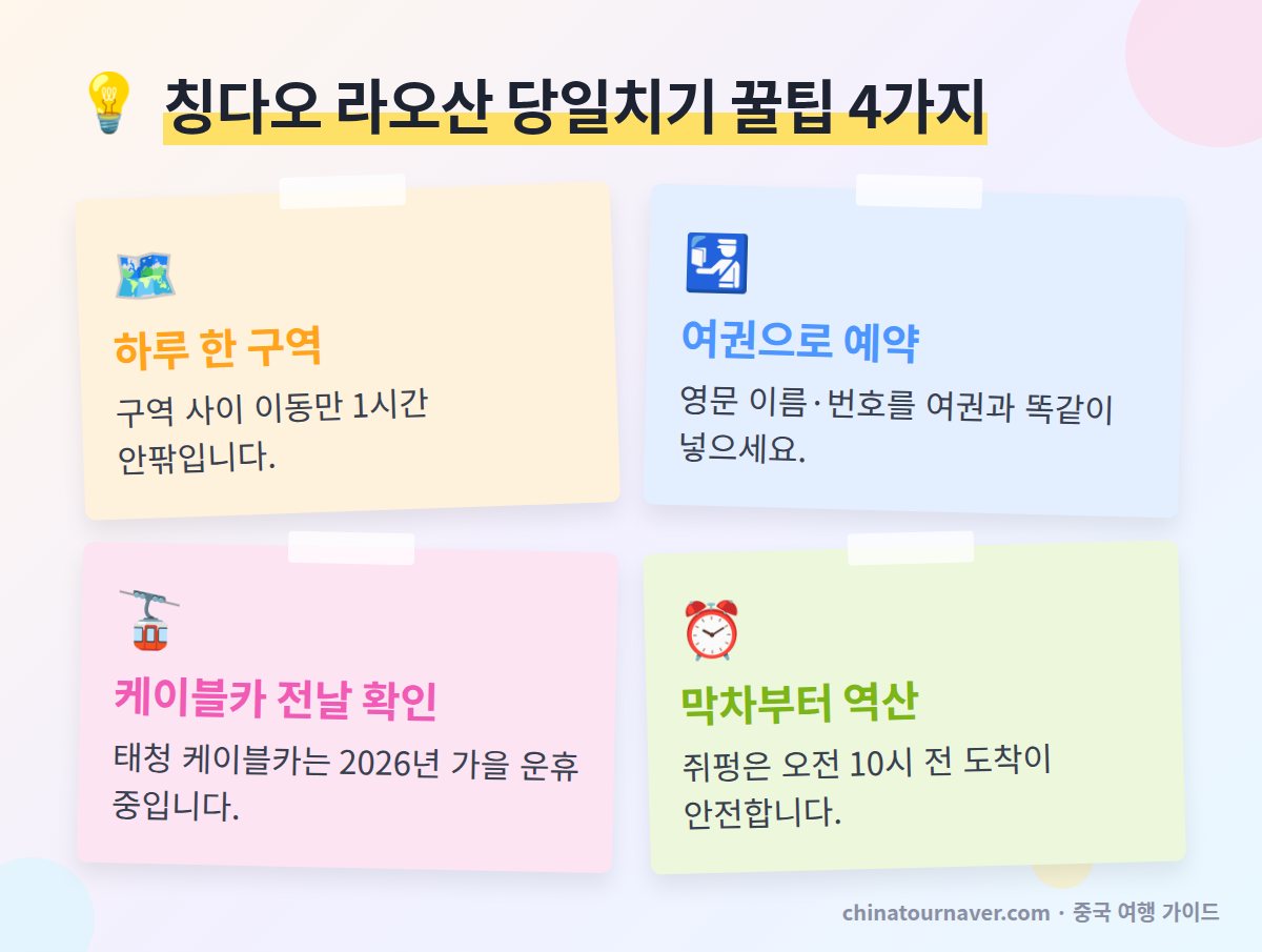 칭다오 라오산 꿀팁 하루 한 구역 여권 실명 예약 케이블카 운영 확인 관광버스 막차 역산
