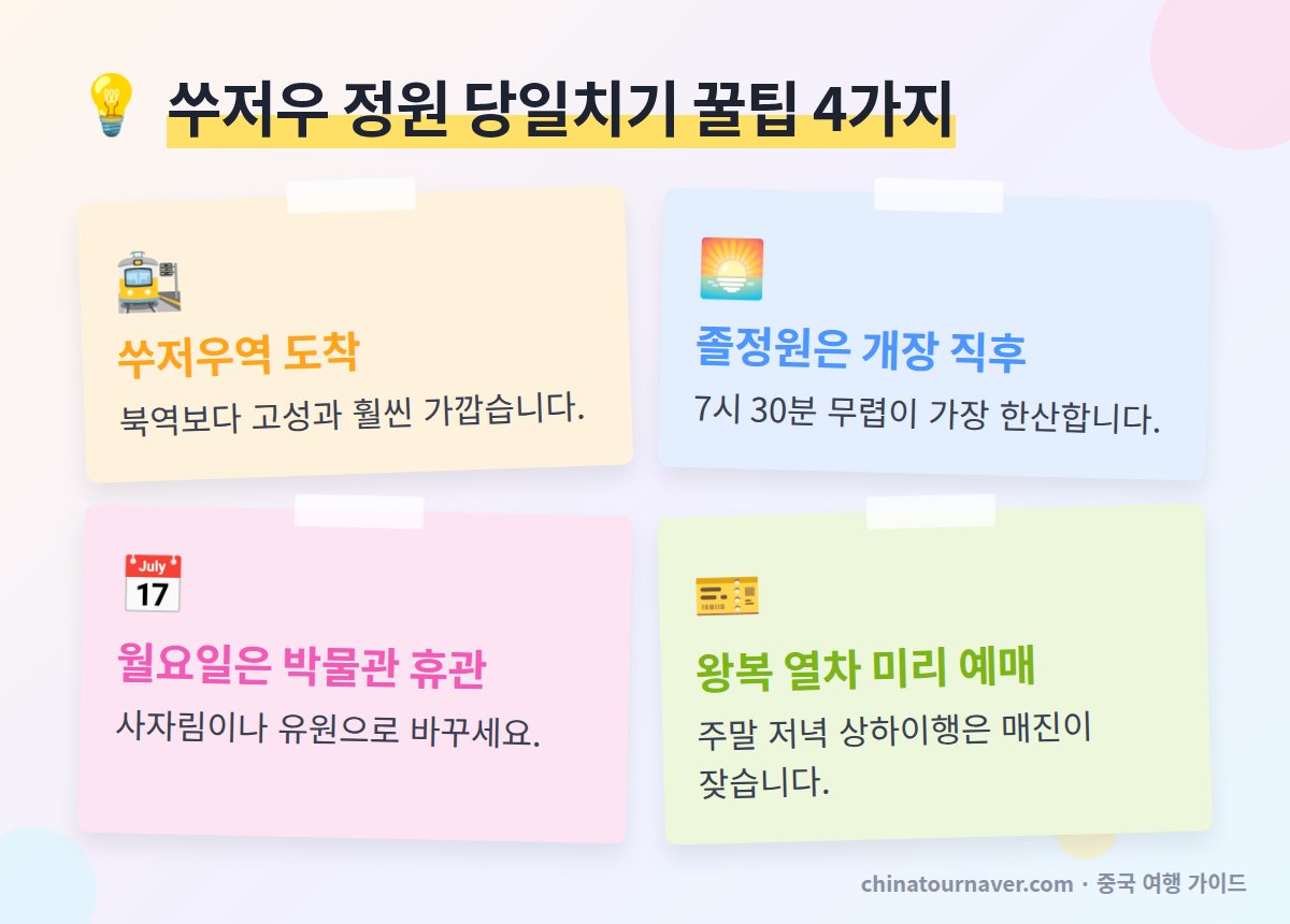 쑤저우 정원 당일치기 꿀팁 쑤저우역 도착 졸정원 개장 시간 박물관 월요일 휴관 왕복 열차 예매