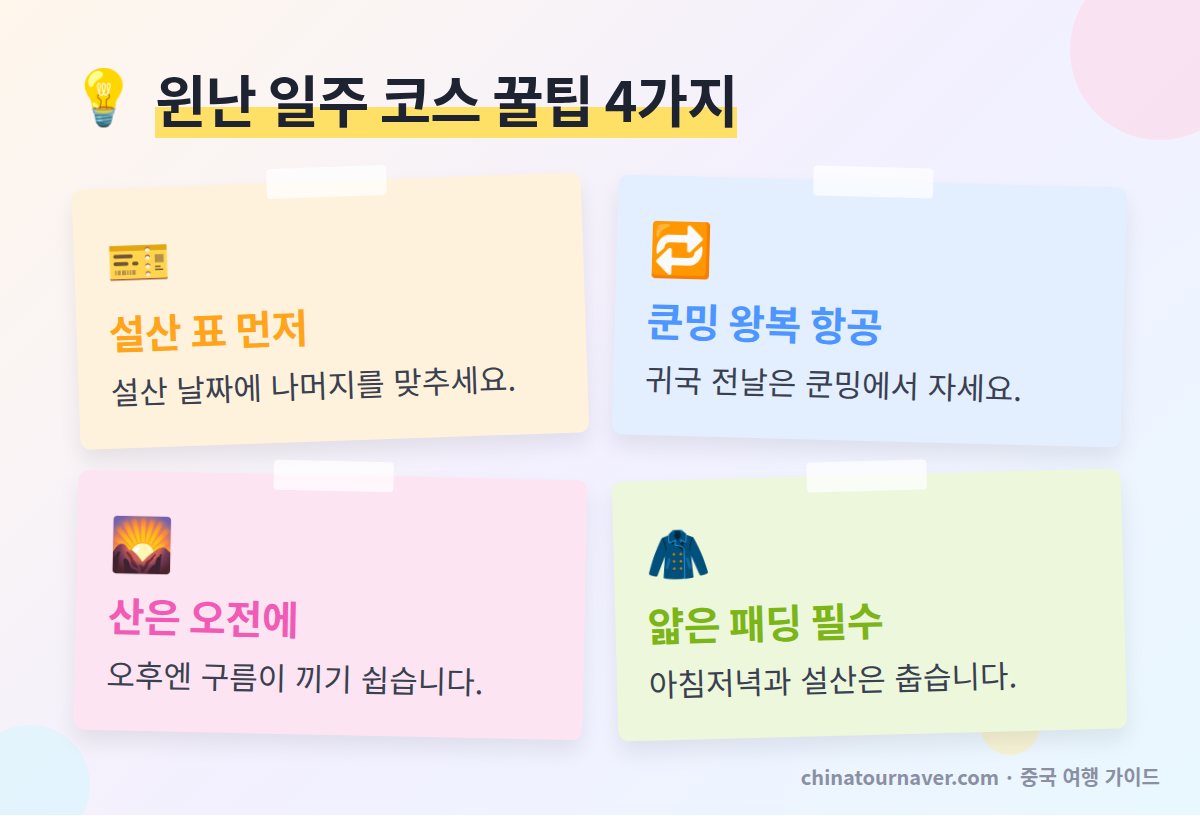 윈난 일주 코스 꿀팁 옥룡설산 표 먼저 쿤밍 왕복 항공 오전 설산 일교차 대비